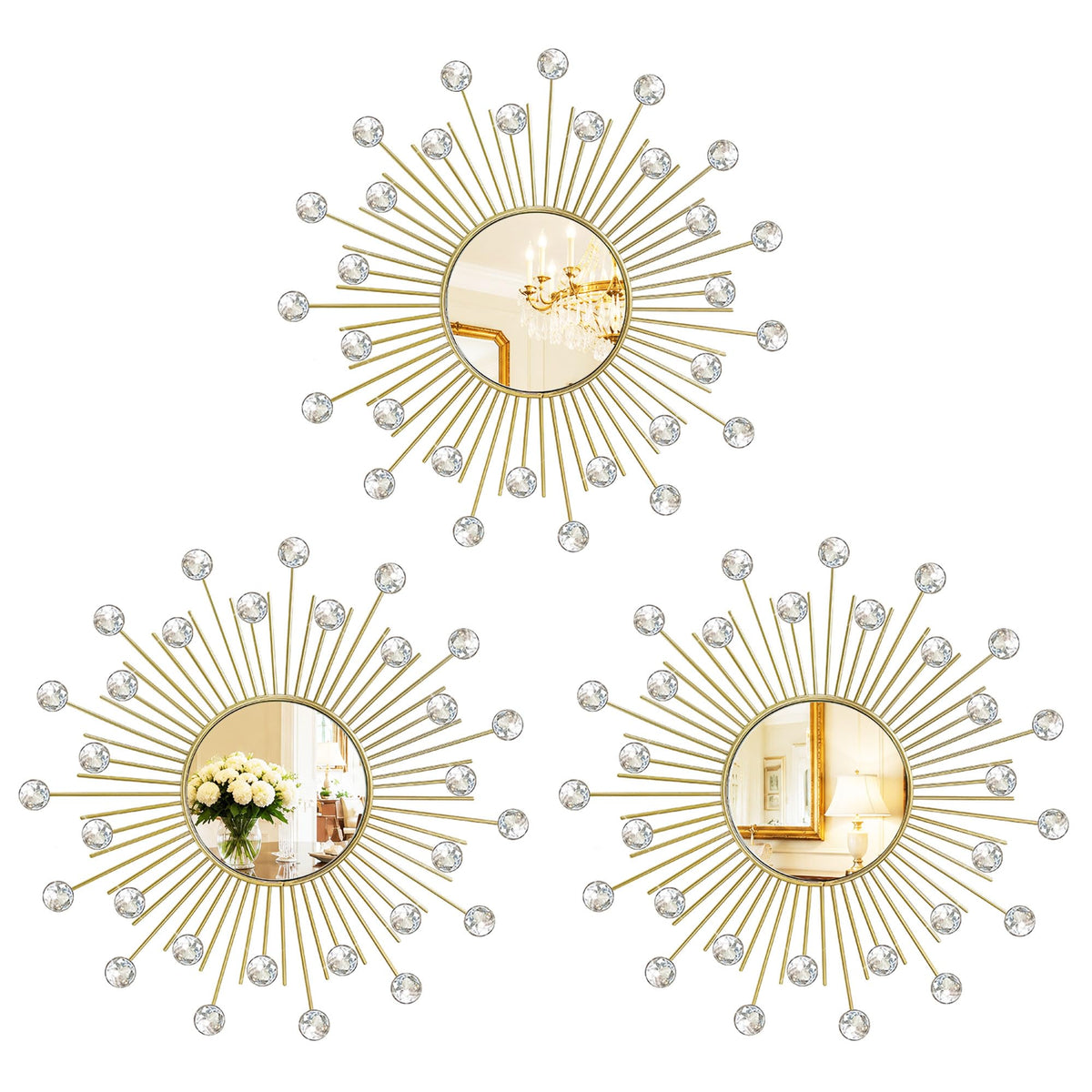 3 Pack Metal Mirrors for Wall Gold Sunburst Wall Mirror Home Decor Accent