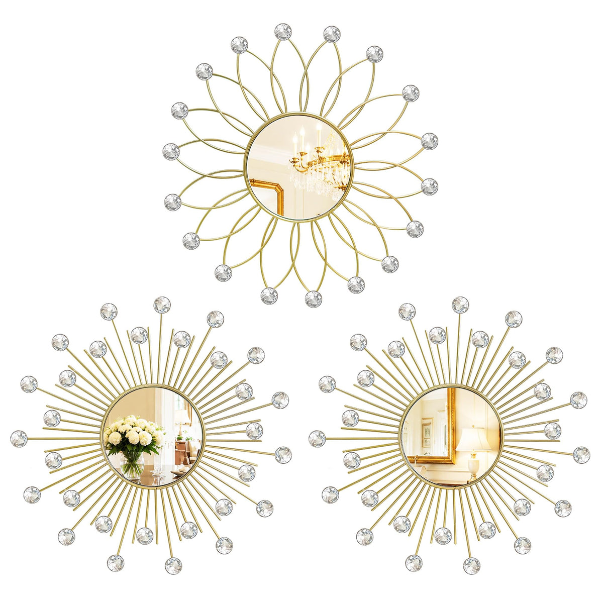 3 Pack Metal Mirrors for Wall Gold Sunburst Wall Mirror Home Decor Accent