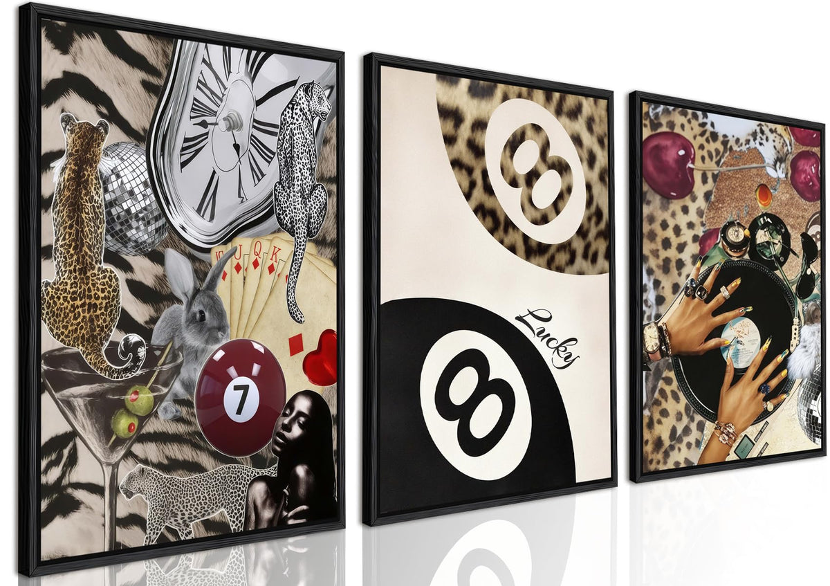 Fashion Cheetah Wall Art Set of 3 Leopard Wall Decor Pictures Lucky 8 Ball Poster Canvas Painting Prints Dark Red Cheetah Artwork for Bedroom Living Room Framed 16x24 inch