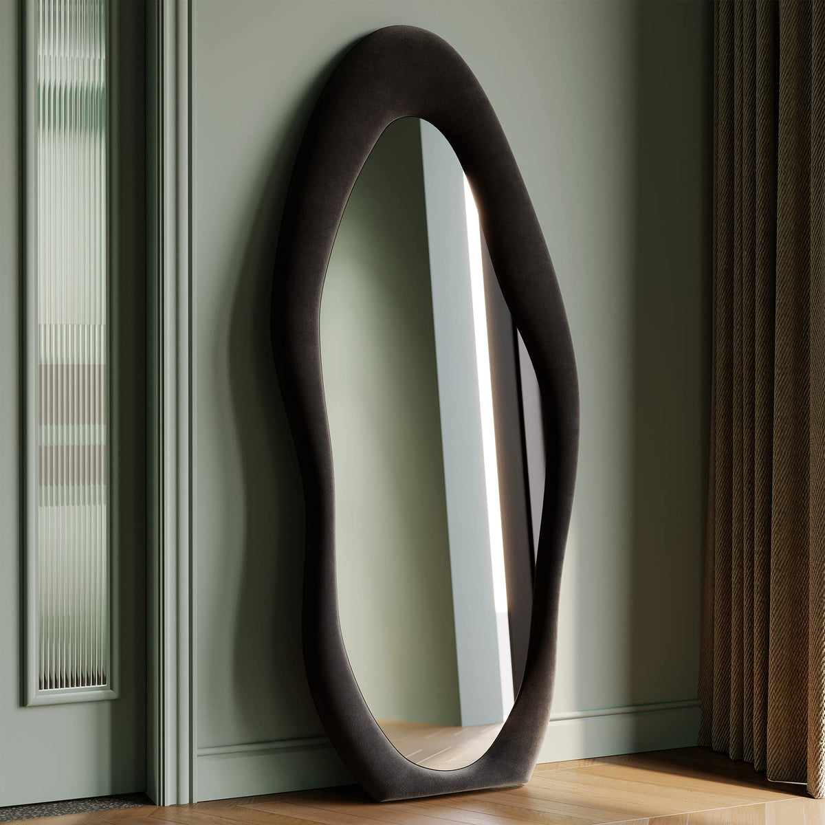 Honyee 55" x 24" Wall Mirror, Flannel Wrapped Wooden Frame Wavy Mirror, Irregular Mirror Hanging for Cloakroom/Bedroom/Living Room, Ivory White