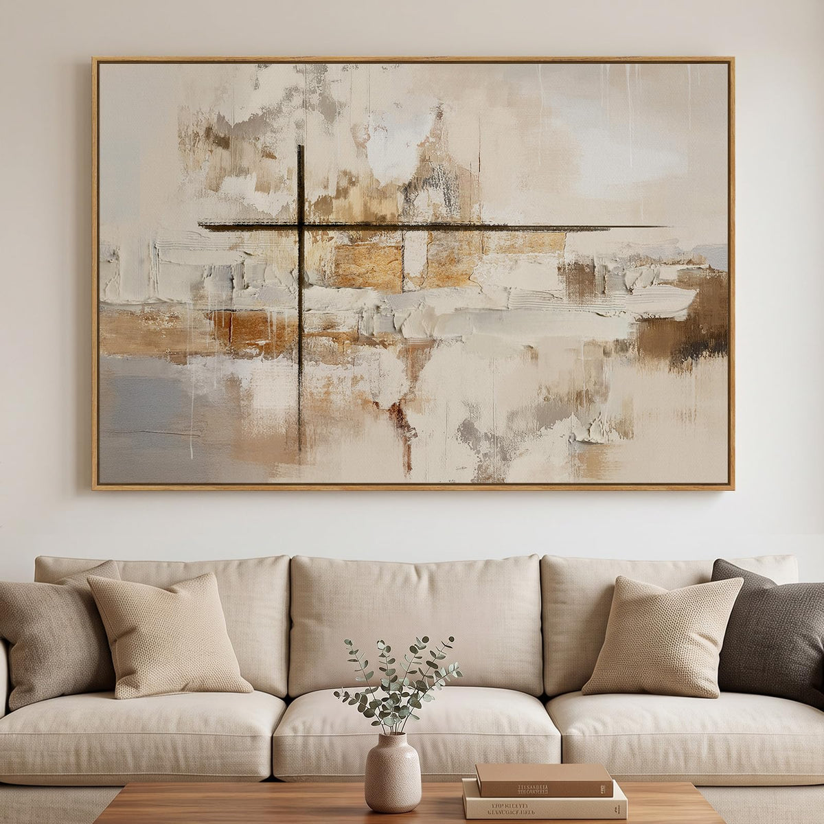 Large Framed Neutal Abstract Landscape Wall Art for Living Room, 60x30 In