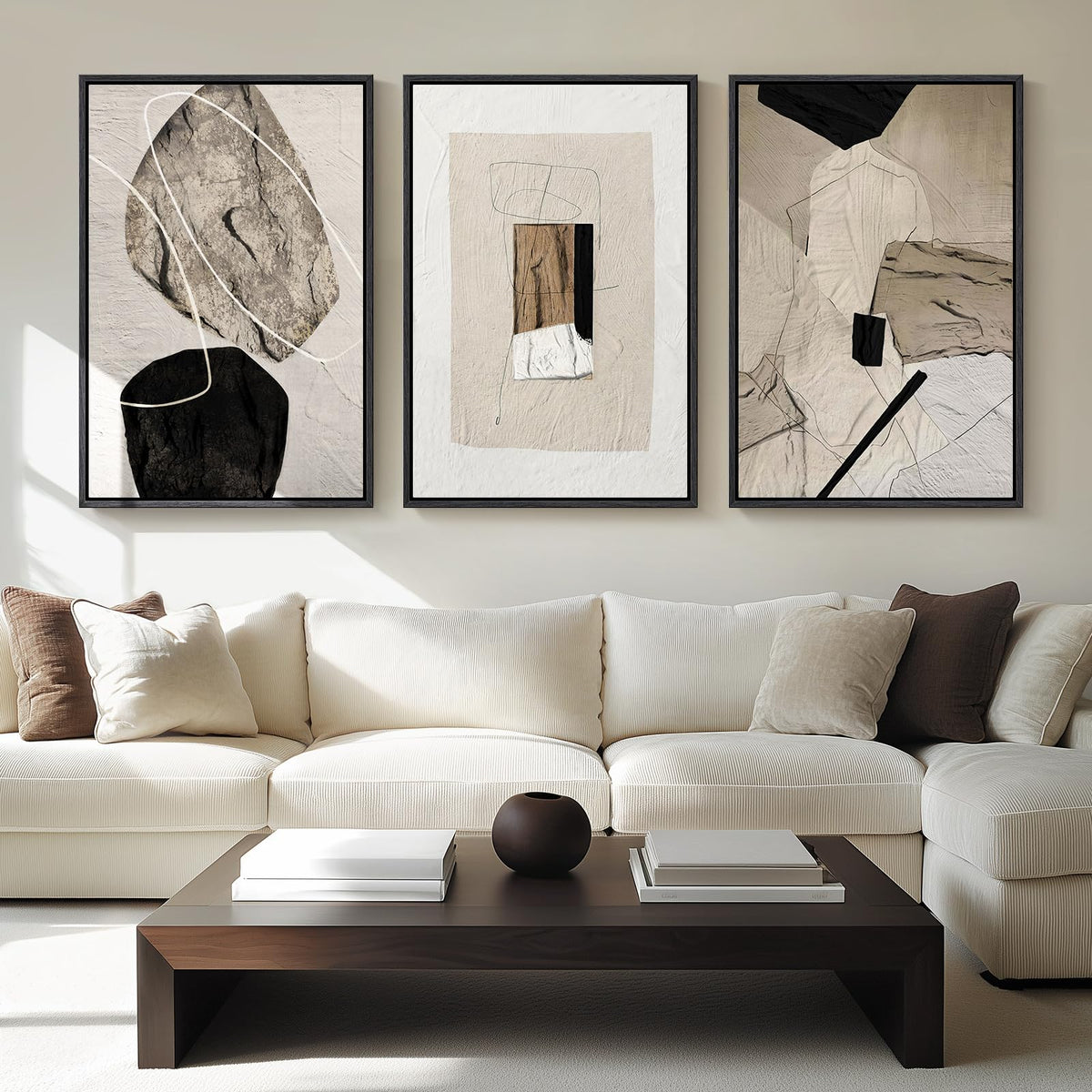 Framed Modern Rustic Neutral Abstract Wall Art, 3 Piece Set, Each 16x24 In