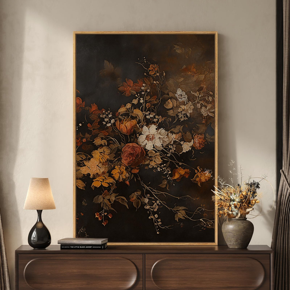 Framed Vintage Neutral Rustic Botanical Bird Chinoiserie wall art, 24x36 In