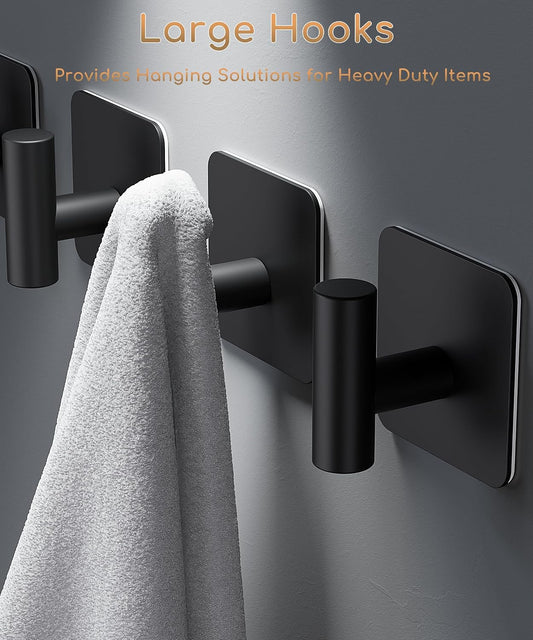 Aikzik 4 Pack Large Heavy Duty Wall Hooks - 26lb Max, Stainless Steel Adhesive Towel Hook, Shower Hooks for Hanging Towel, Coat, Robe, Wall Hook for Use in Bathroom, Kitchen and Door, Matte Black