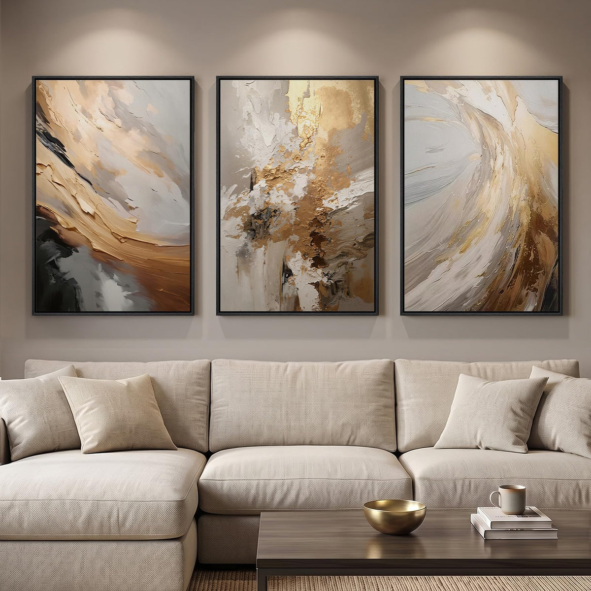 Framed Modern Rustic Neutral Abstract Wall Art, 3 Piece Set, Each 16x24 In