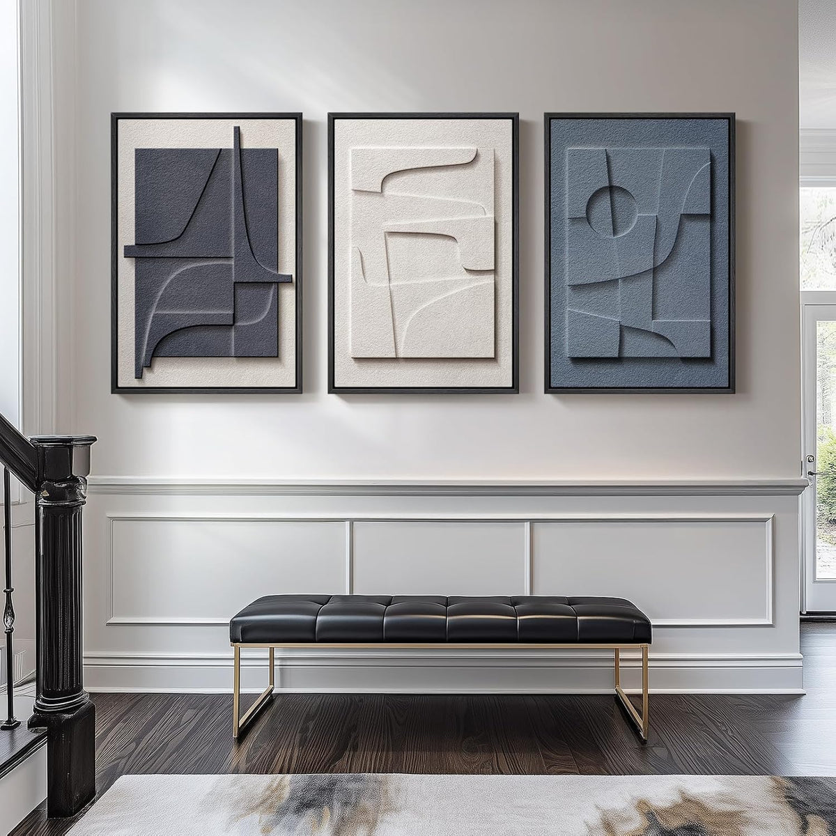 Large Framed Blue Abstract Wall Art for Living Room, Modern 3D Artwork
