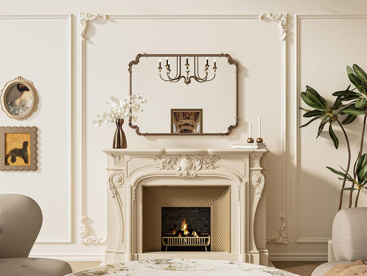 TETOTE Baroque Gold Antique Brass Scroll Wall Mirror 40 x 30 Vintage Rectangle Framed Baroque French Rectangular Mirror for Mantle Fireplace Bathroom Living Room, Horizontal/Vertical