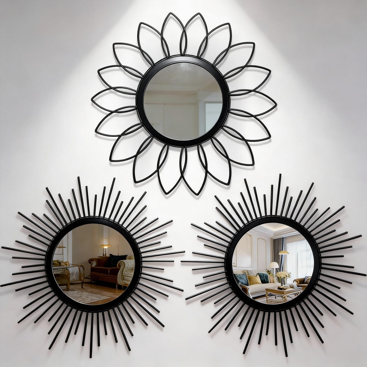 Boho Sunburst Wall Mirror Set of 3, 12 Inch Round Antique & Modern Metal Wall Art, Hanging Over The Door Mirrors for Wall Decor in Living Room, Bedroom, Bathroom, Entryway（Gold）