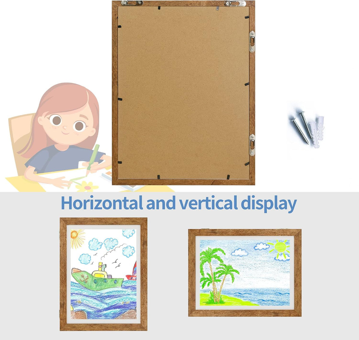 iRahmen Kids Art Frames 8.5x11 Set of 2 - Front Opening Childrens Picture Frame Changeable, Wood Artwork Display Storage for Wall Mount, Magnetic Door Holds 50 Art Pieces for Drawings, 3D Picture, Crafts, Portfolio, Brown