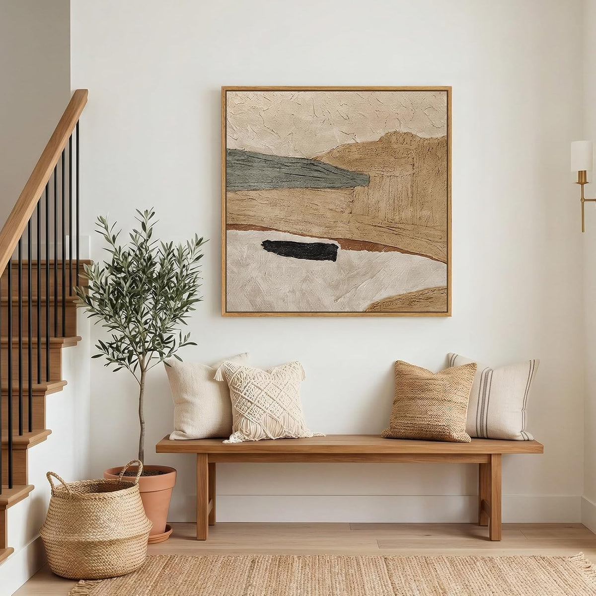 Framed Neutral Organic Abstract Canvas Wall Art for Dining Room, 30x30 Inch