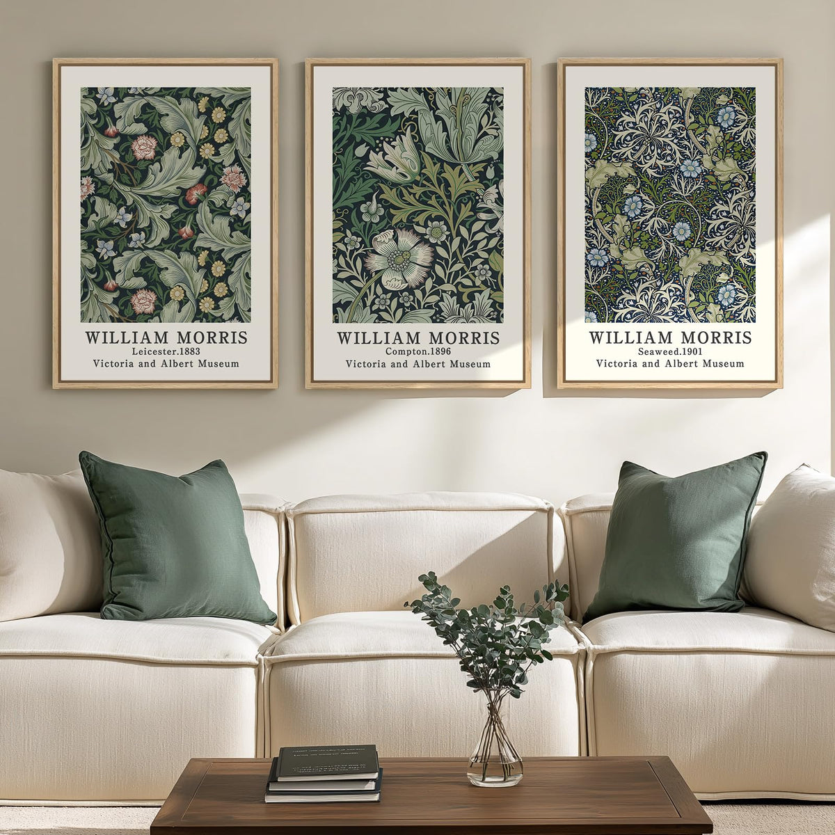 Framed Vintage William Morris Boho Canvas Wall Art for Living Room, 3 Piece