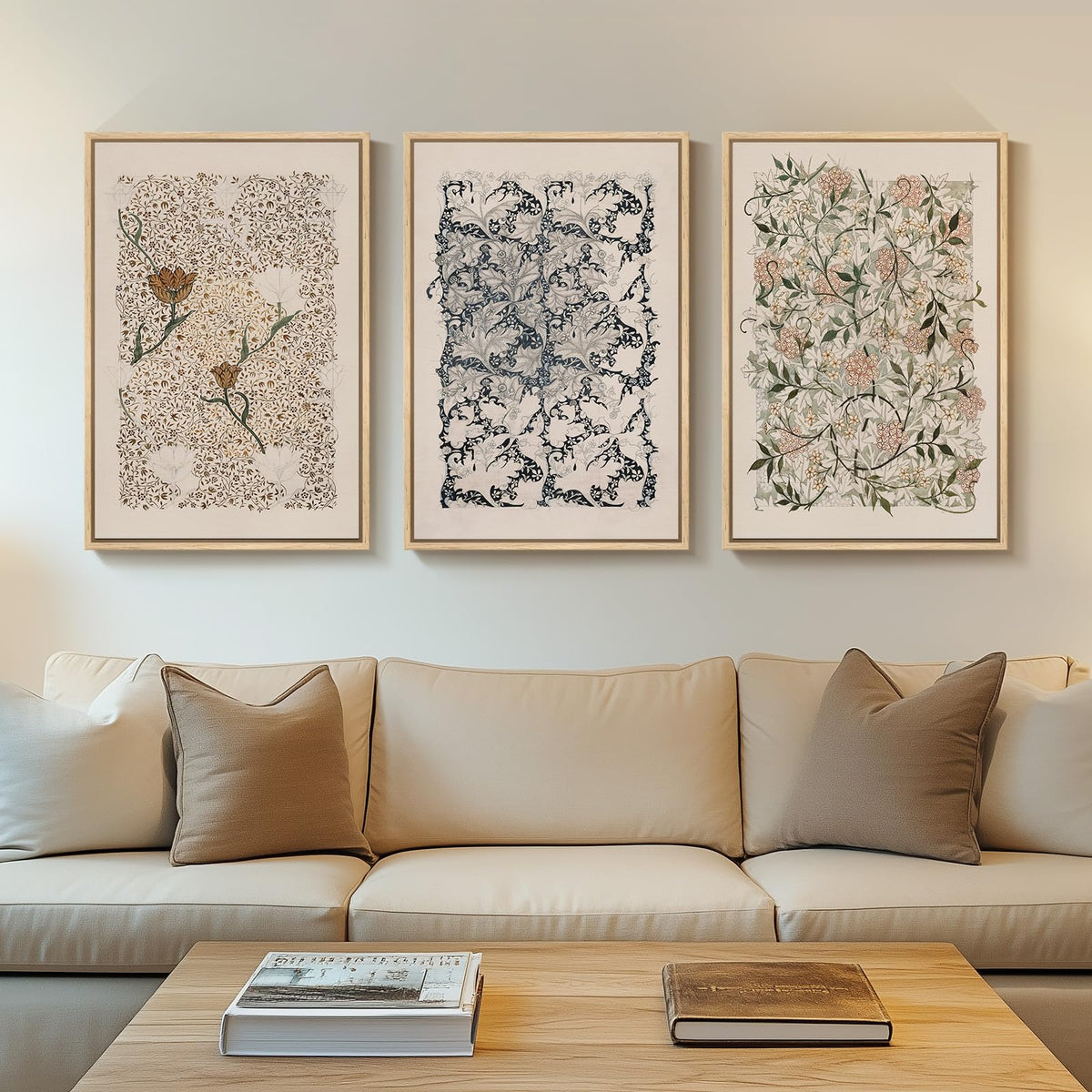 Framed Vintage William Morris Boho Canvas Wall Art for Living Room, 3 Piece