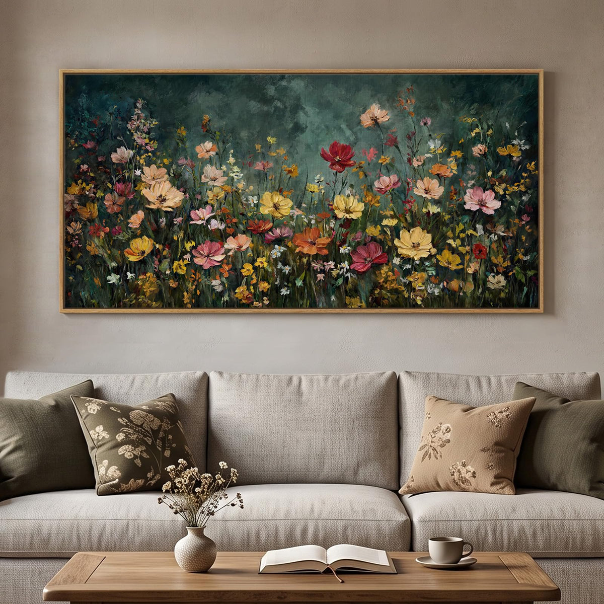 Extra Large Framed Vintage Rustic Floral Wall Art for Living Room, 60x30 In