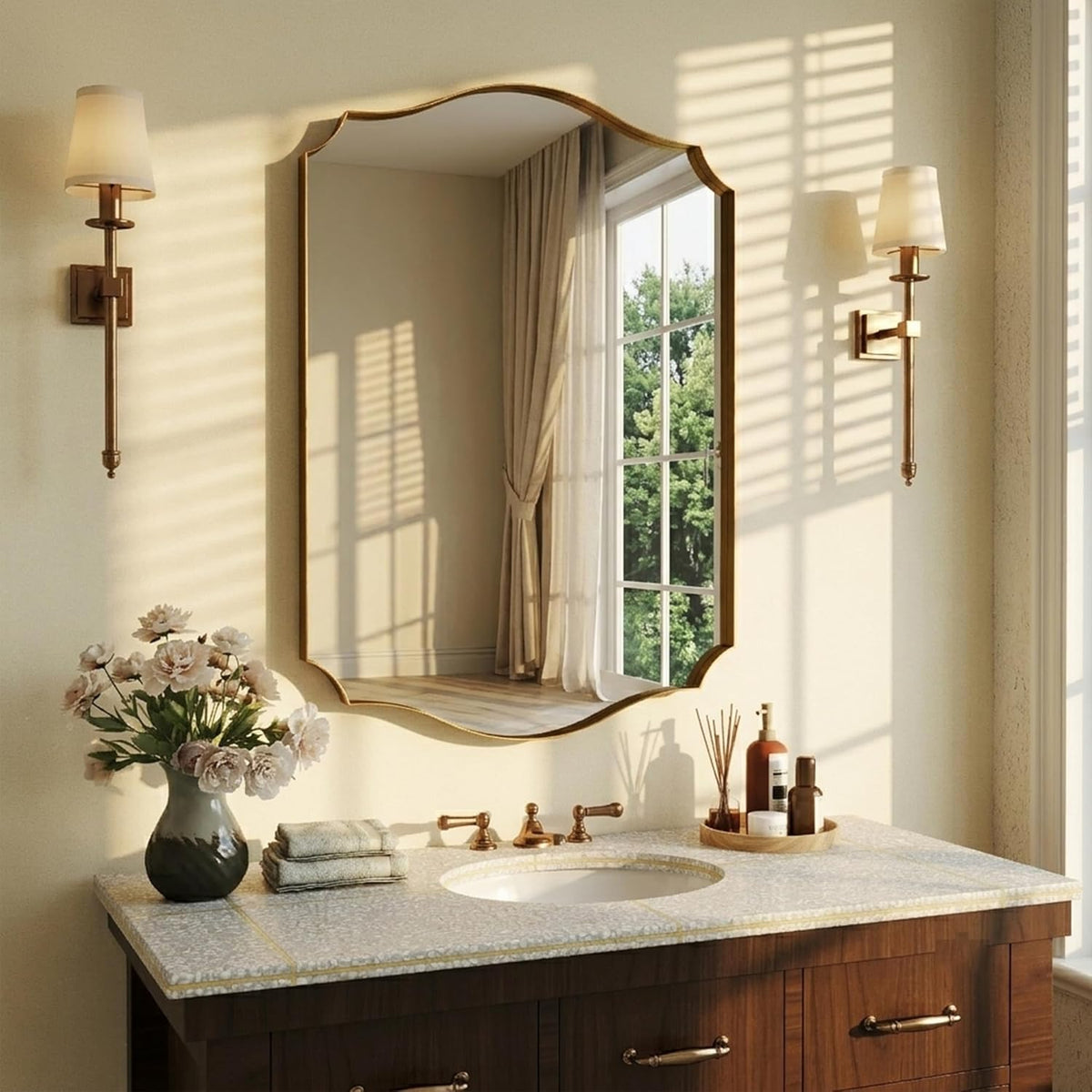 Gold Vanity Wall Mirror 30"x22", Scalloped Edge Bathroom Mirror
