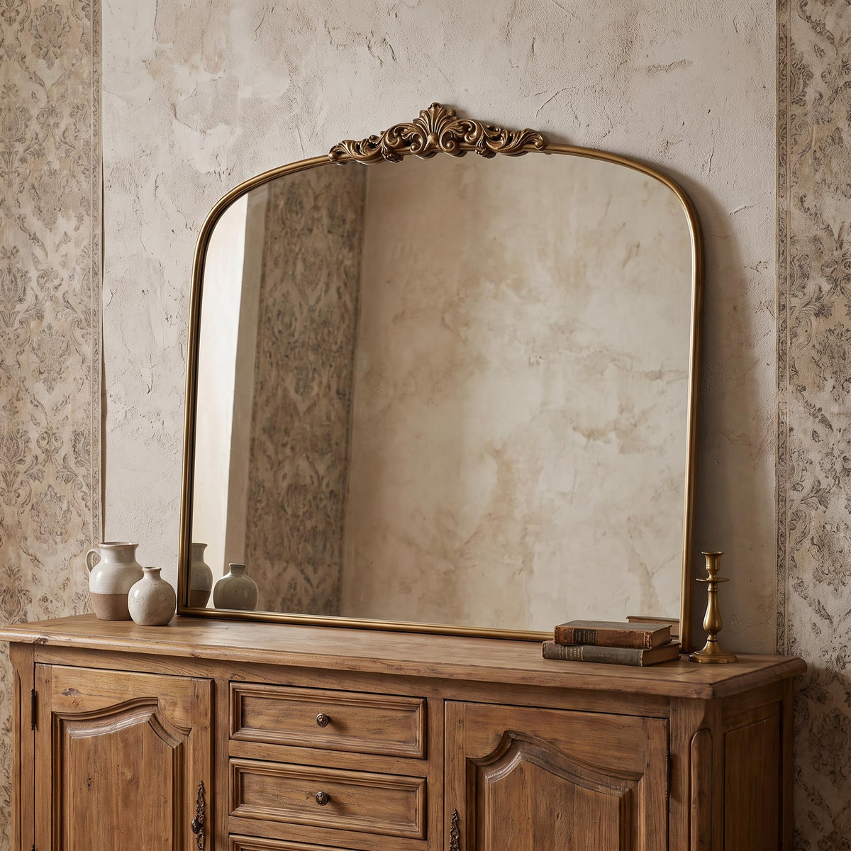 Antique Gold Arched Wall Mirror, 36" x 28" Beaded Mirror