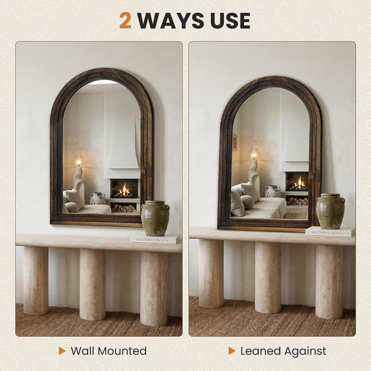 Arched Bathroom Mirror, 38"x26" Brown Wood Frame Wall Mirror