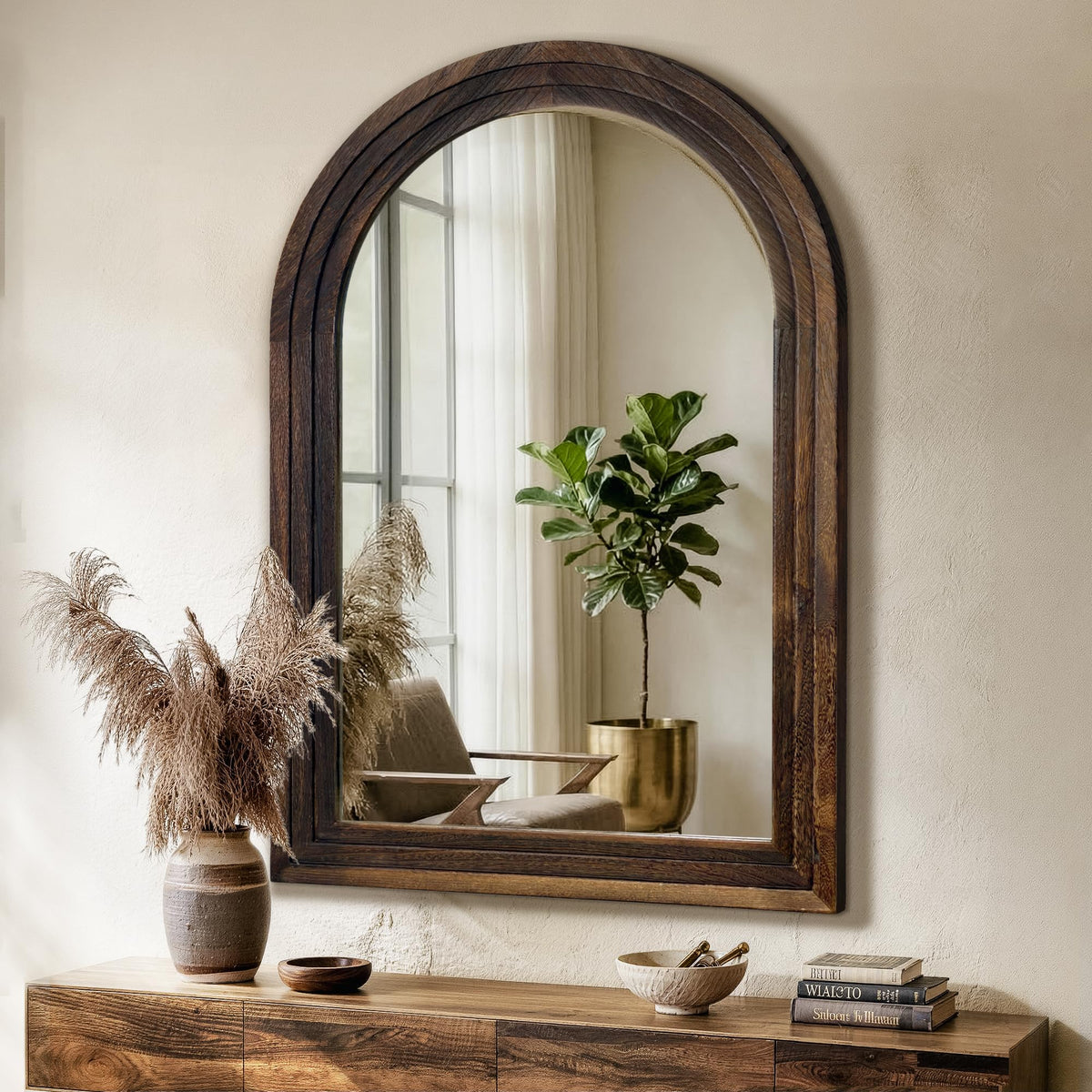 Arched Bathroom Mirror, 38"x26" Brown Wood Frame Wall Mirror