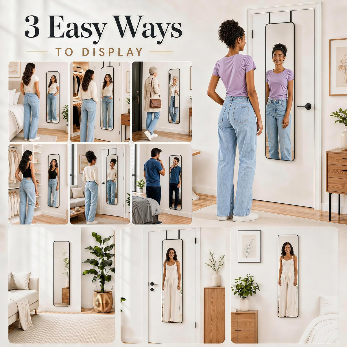 SCWF-GZ 47x14 Full Length Mirror Over the Door Hang or Wall Mounted Black