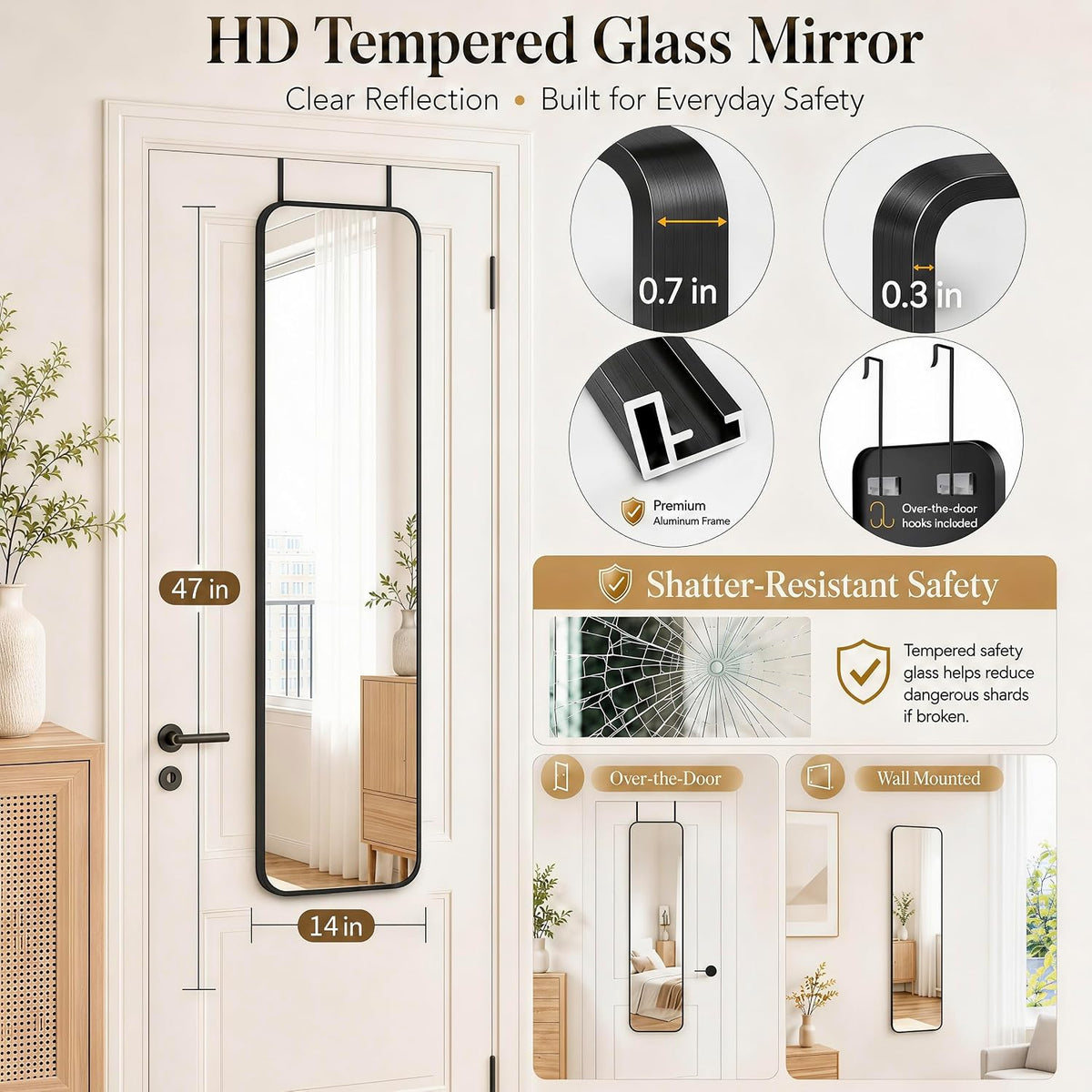 SCWF-GZ 47x14 Full Length Mirror Over the Door Hang or Wall Mounted Black