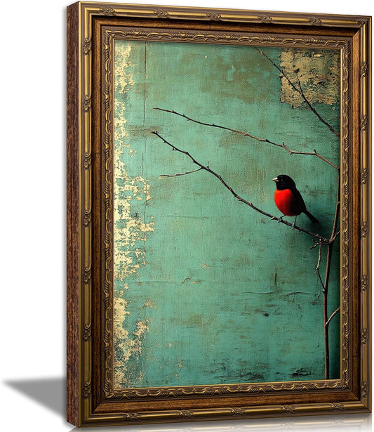 Vintage Gold Framed Canvas Wall Art, Funny Birds Plant Painting Picture Wall Decor,Country Farmhouse Poster Print Artwork,for Bedroom Living Room Study Home Decoration