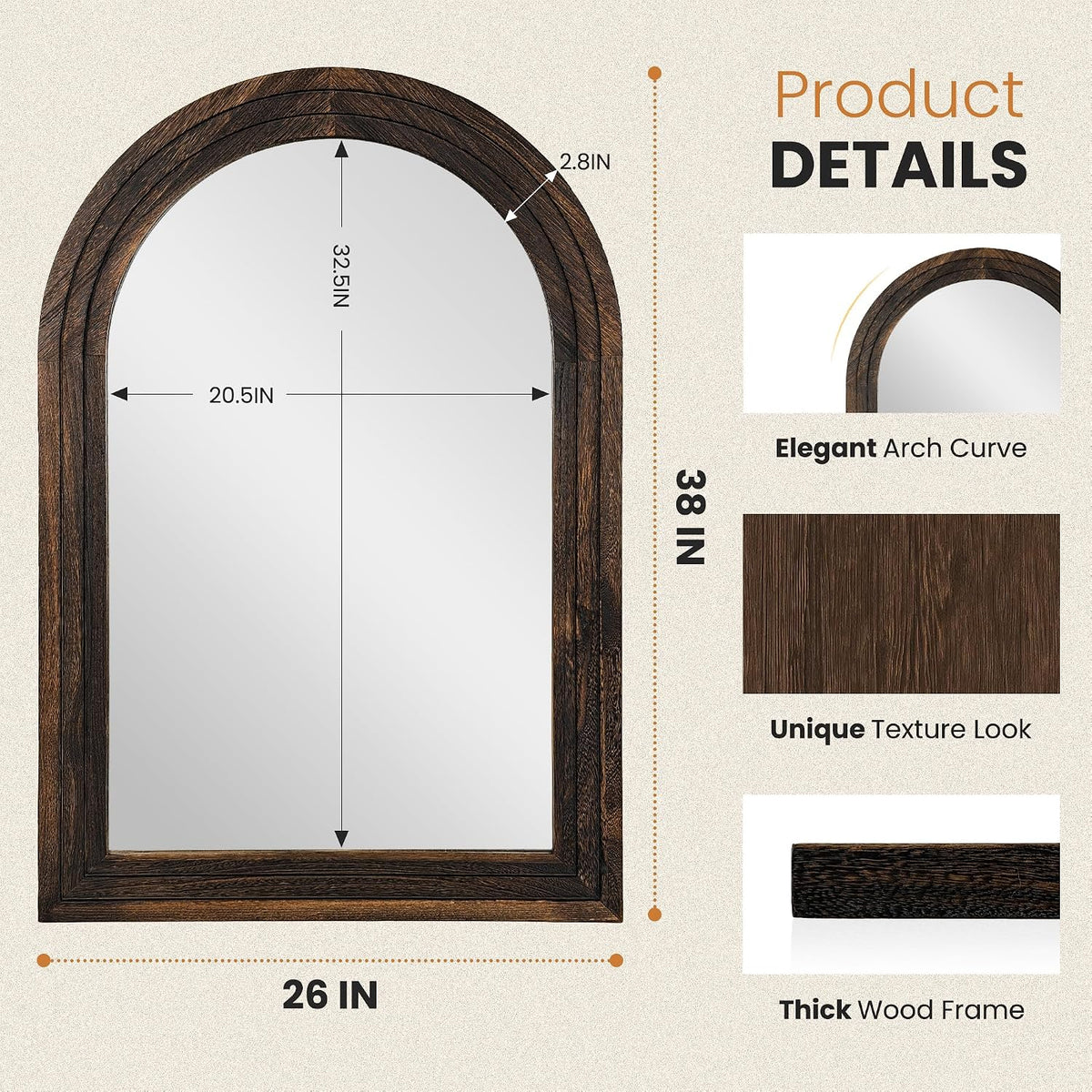 Arched Bathroom Mirror, 38"x26" Brown Wood Frame Wall Mirror