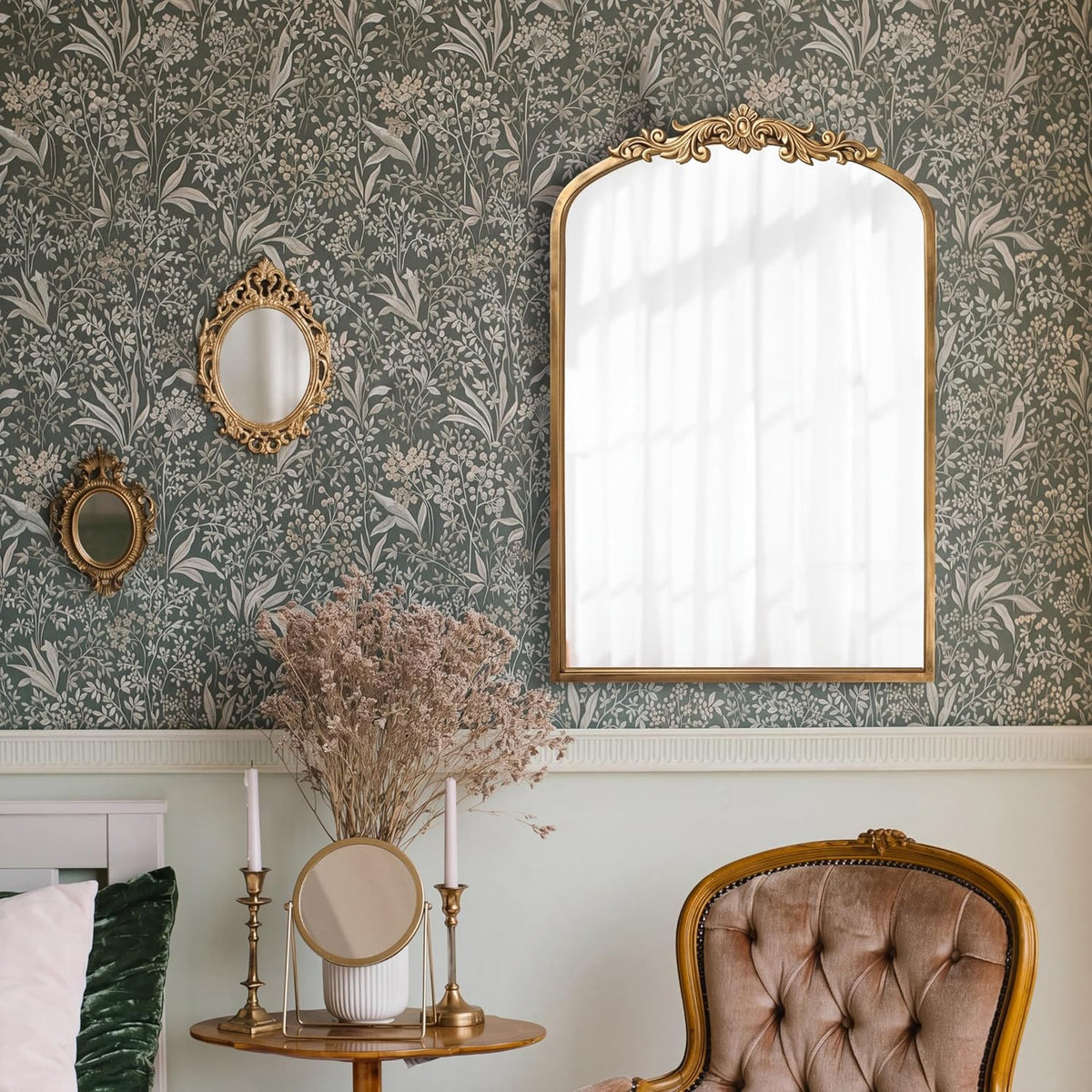PERFNIQUE Vintage Mirror, 30" X 19" Gold Arched Antique Baroque Mirror