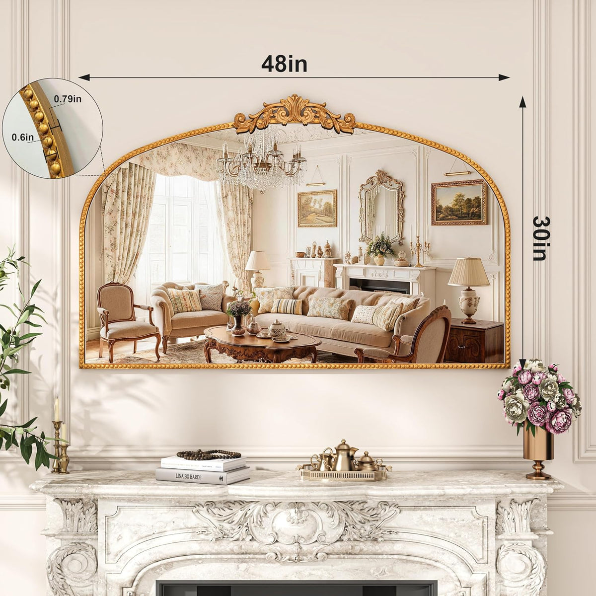 Vintage Gold Baroque Arched Metal Wall Mirror 48"x30"