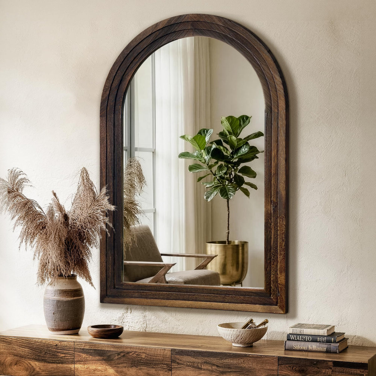 Arched Bathroom Mirror, 38"x26" Brown Wood Frame Wall Mirror