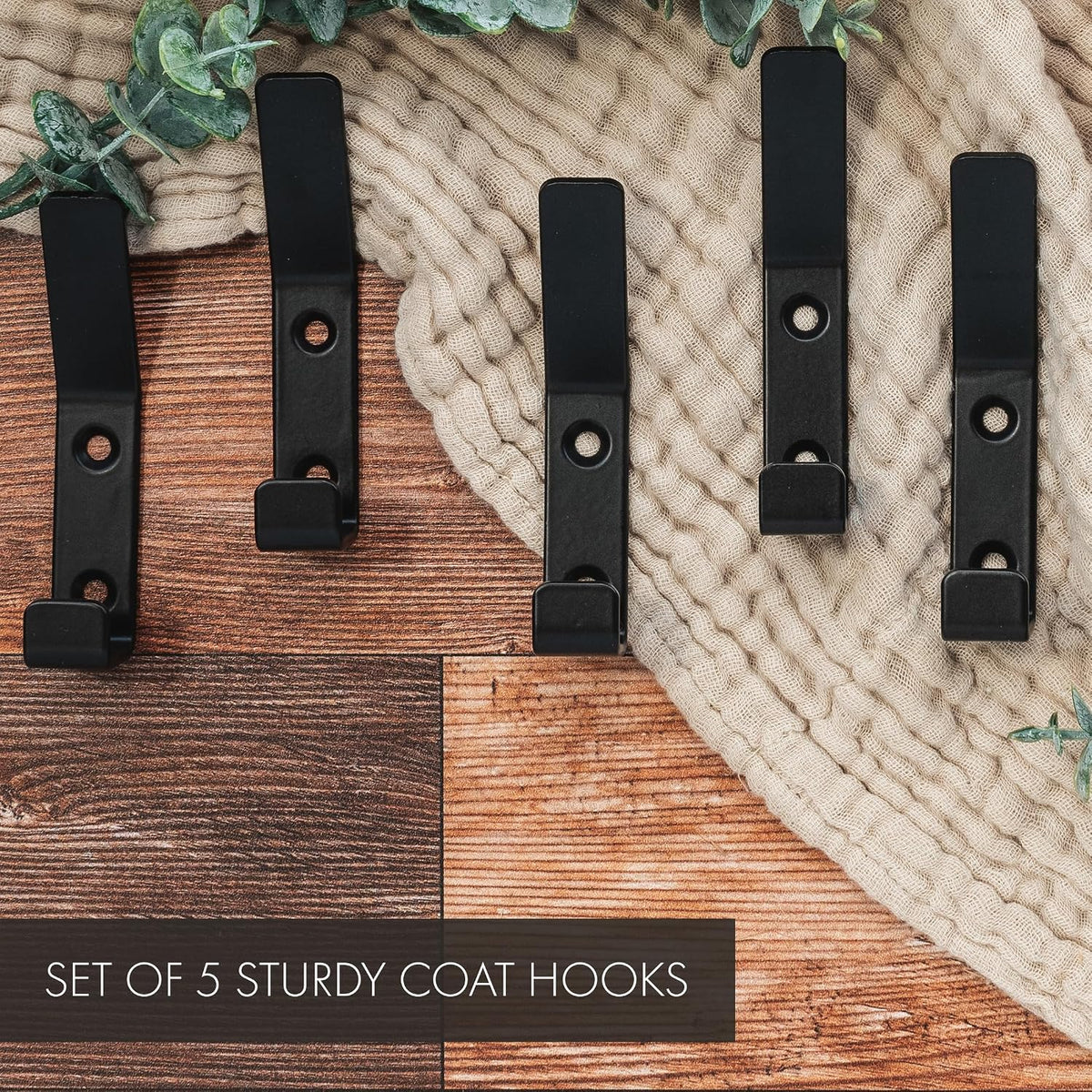 Decorative Coat Hooks Set of 5 for Wall Mount - Sturdy Black Metal Double